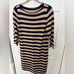 Ralph Lauren 3/4 Sleeve Striped Knee Length Shift Sweater Dress in Navy and Gold